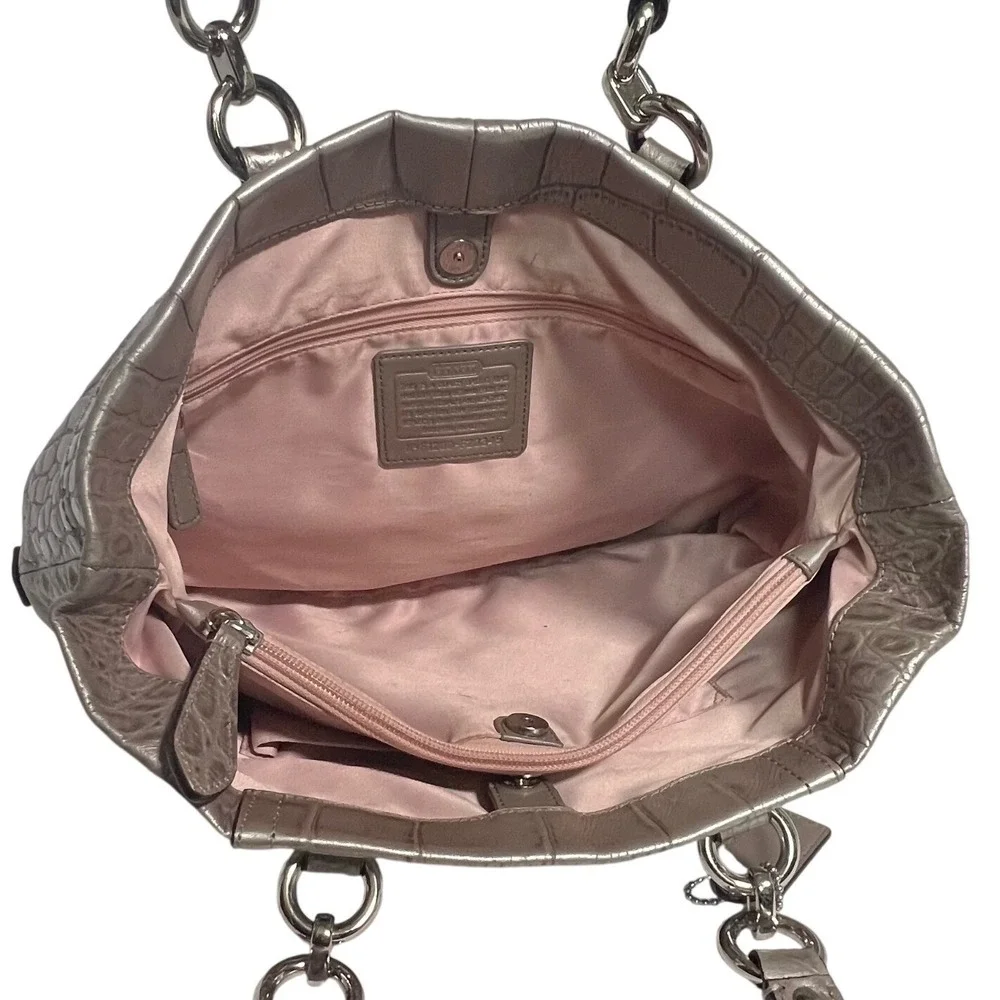 Coach Ashley Carryall Women Large Silver Metallic Croc Embossed Leather Tote Bag